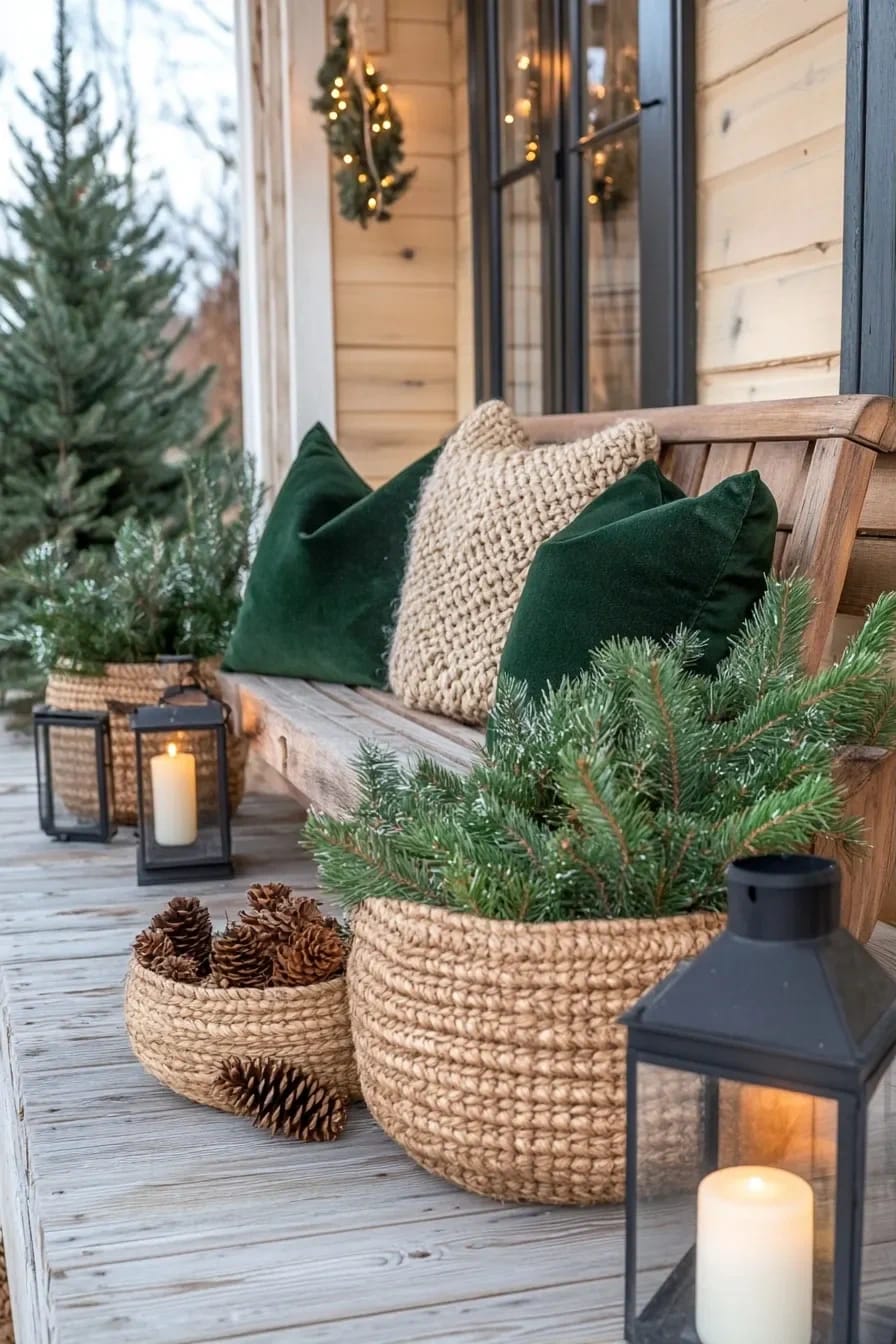 take the dark evergreens and raw planters out to the porch 1