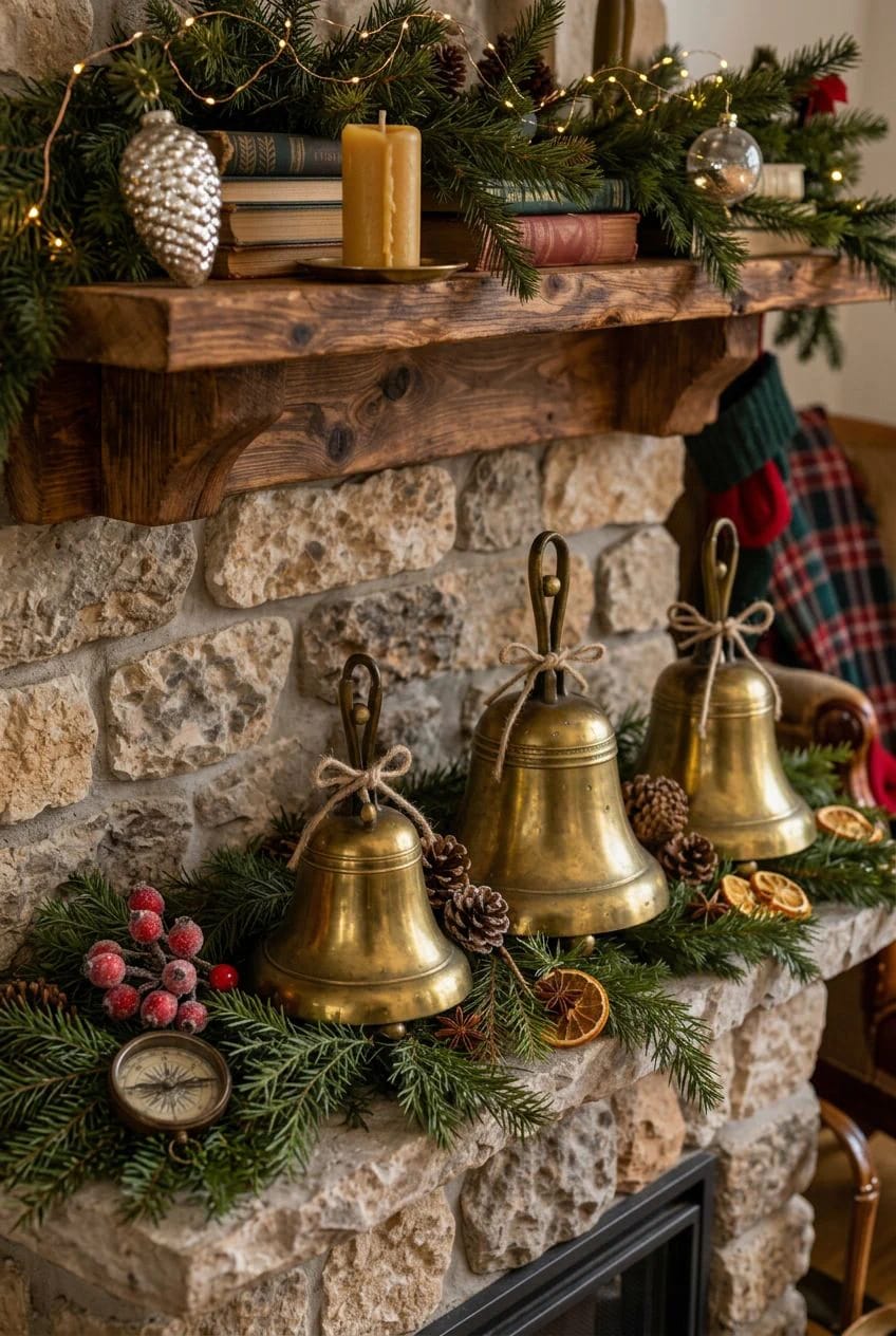 tarnished brass bells beat glass ornaments on a rustic mantel garland 1