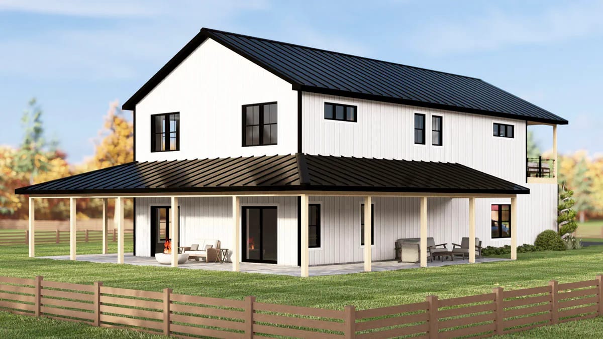 4-Bedroom Modern Barndominium House Plan with a Wraparound Porch and Upper Deck (1,895 Sq. Ft. Floor Plan) 4 ten feet is what makes this wraparound porch worth building 1