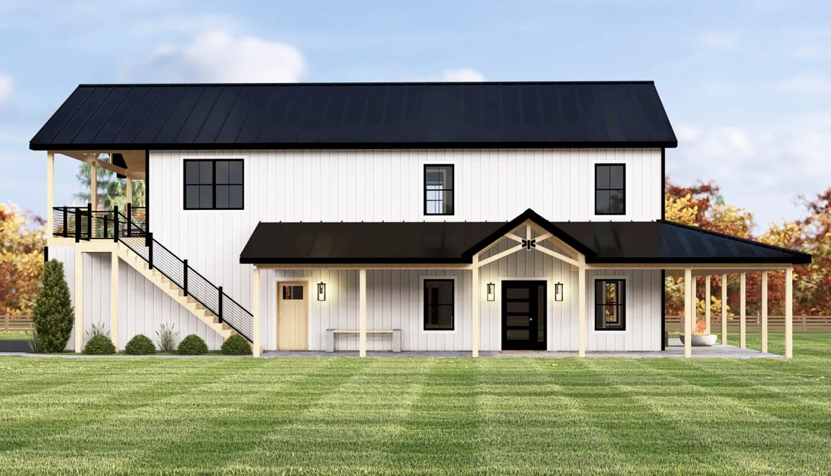 4-Bedroom Modern Barndominium House Plan with a Wraparound Porch and Upper Deck (1,895 Sq. Ft. Floor Plan) 5 ten feet is what makes this wraparound porch worth building 1