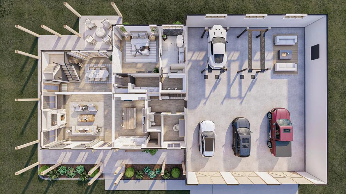 the 3d overhead shows the shop furnished as a second living space 1