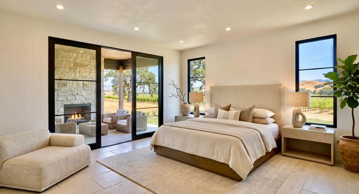 3-Bedroom Modern Farmhouse House Plan with Wrap-Around Porch and Outdoor Fireplace (1,801 Sq. Ft. Floor Plan) 6 the best outdoor room in the plan opens off the primary bedroom 1