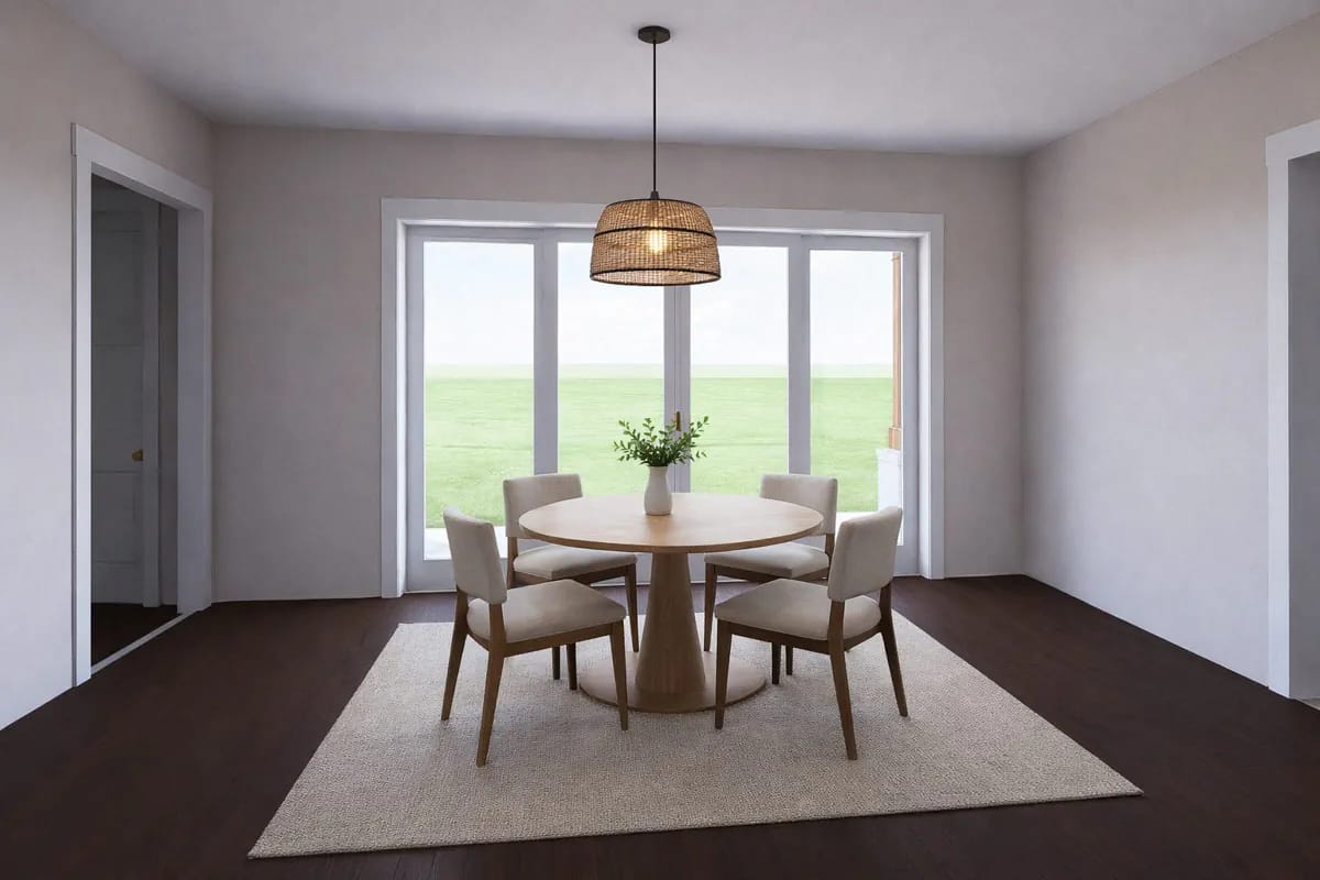 5-Bedroom New American House Plan with a 3-Car Side-Entry Garage (4,125 Sq. Ft. Floor Plan) 6 the breakfast nook: round oak table, rattan pendant, three doors to the porch 1