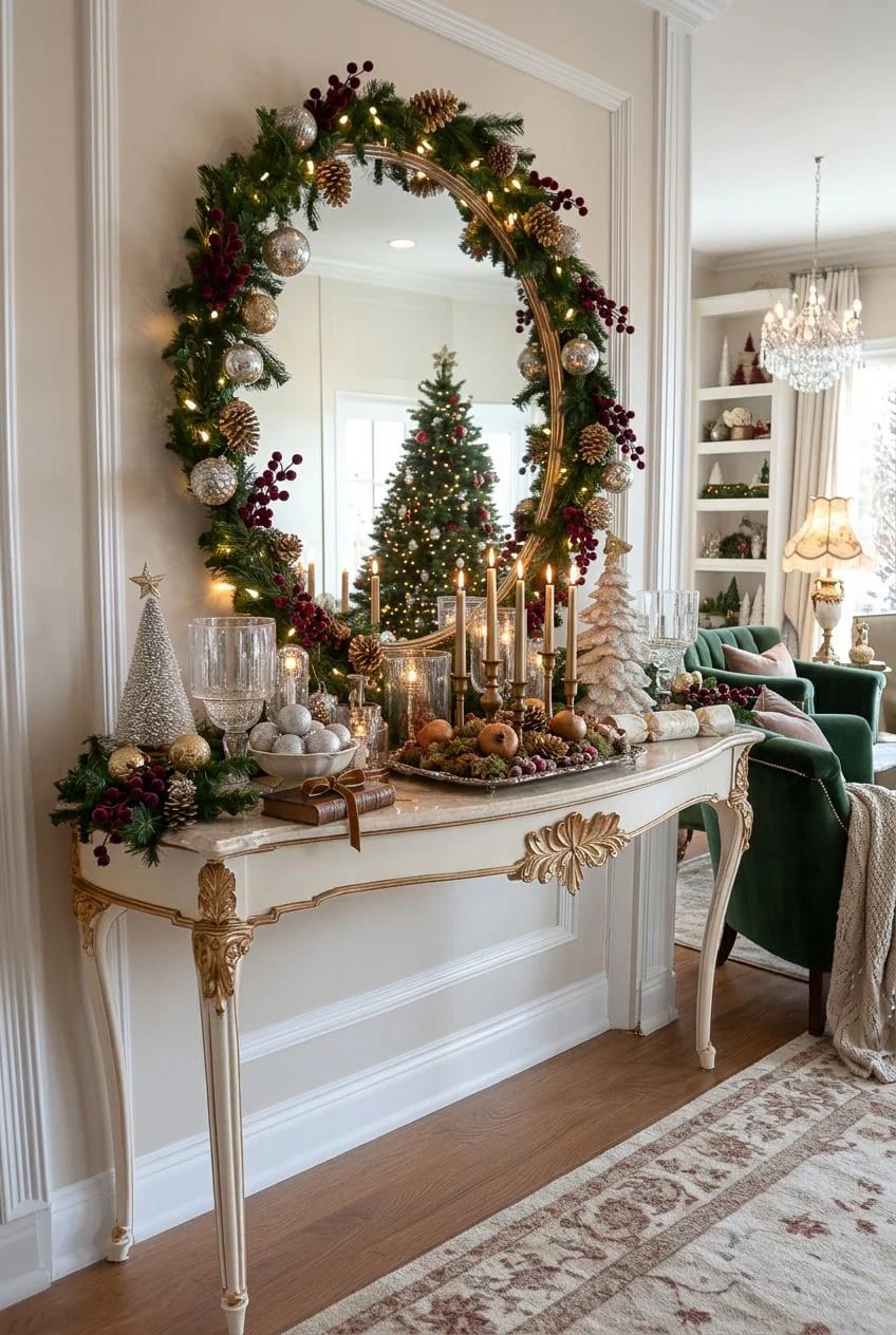 Christmas Decor Ideas Without a Fireplace: Where to Put the Focal Point Instead 15 the console table is the christmas focal point most rooms already have 1