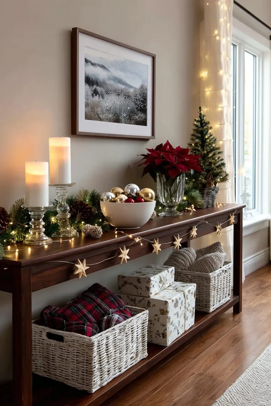 Christmas Decor Ideas Without a Fireplace: Where to Put the Focal Point Instead 16 the console table is the christmas focal point most rooms already have 1