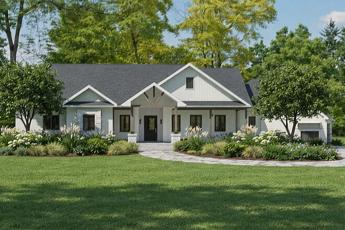 4-Bedroom Modern Farmhouse House Plan with a 52-Foot Covered Patio (3,544 Sq. Ft. Floor Plan) 6 the front porch is eight feet deep and is not trying to compete 1
