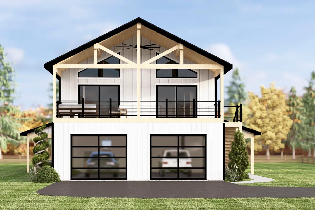 4-Bedroom Modern Barndominium House Plan with a Wraparound Porch and Upper Deck (1,895 Sq. Ft. Floor Plan) 8 the gable end is where the barn styling actually happens 1