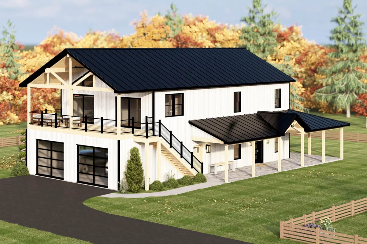 4-Bedroom Modern Barndominium House Plan with a Wraparound Porch and Upper Deck (1,895 Sq. Ft. Floor Plan) 9 the garage holds two cars behind two doors, and it decides your driveway 1