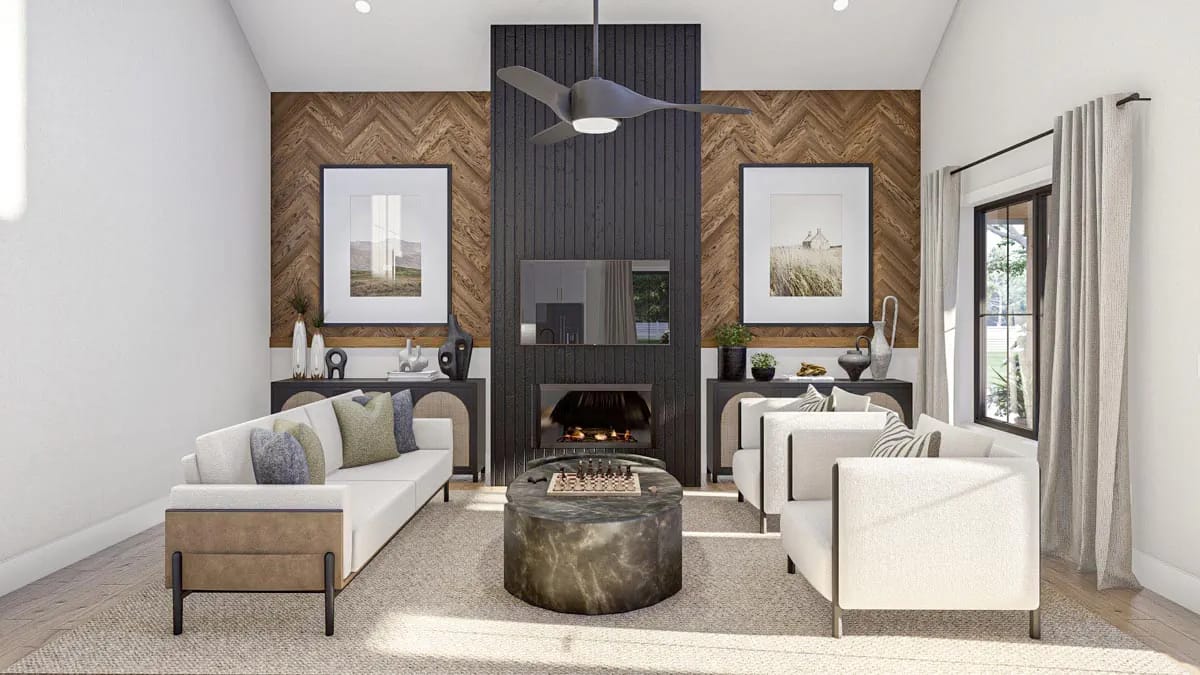 the great room: a black plank chimney running two storeys of walnut herringbone 1