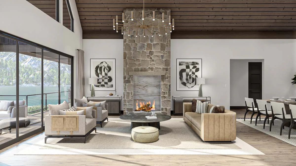 the great room cathedral earns its height, and the fireplace decides where the sofa goes 1