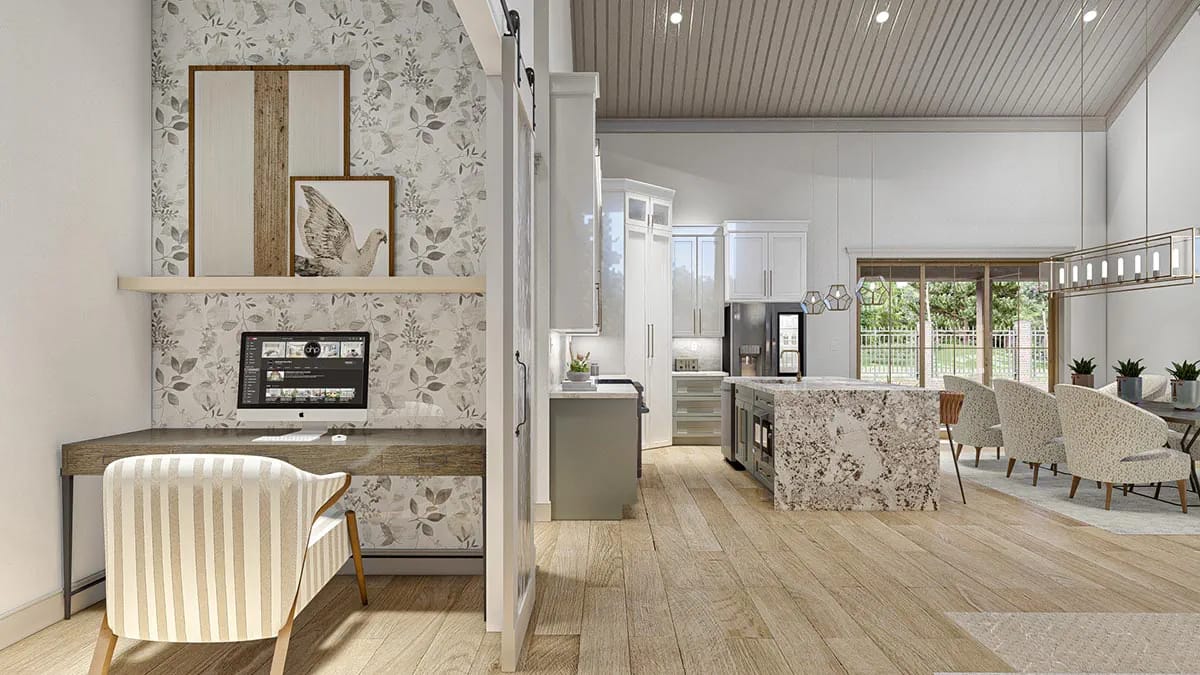 3-Bedroom Barndominium House Plan with Massive Wrap-Around Porch & Garage (2,113 Sq. Ft. Floor Plan) 8 the home office is a desk alcove, not a fourth bedroom 1