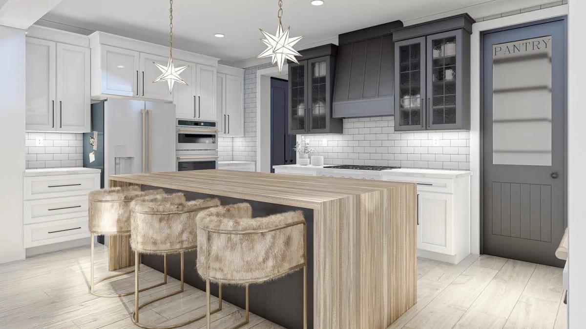the kitchen puts a pale wood waterfall island under star pendants 1