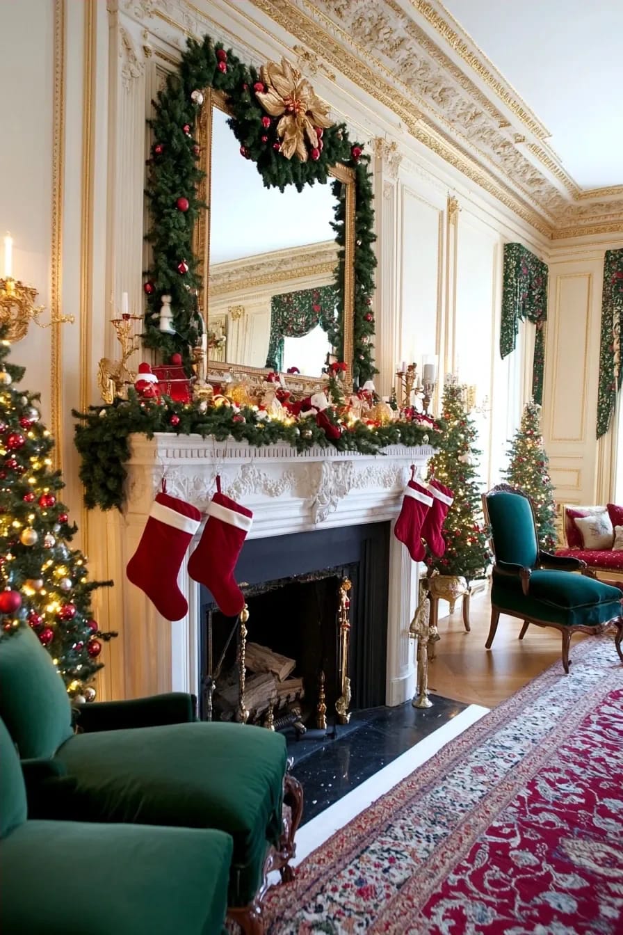 Classic Red and Green Christmas Decor Ideas for the Whole House 9 the mantel is one long line against a vertical anchor 1