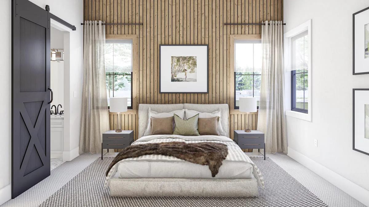 the master bedroom: a wood-slat wall and a black barn door to the bath 1