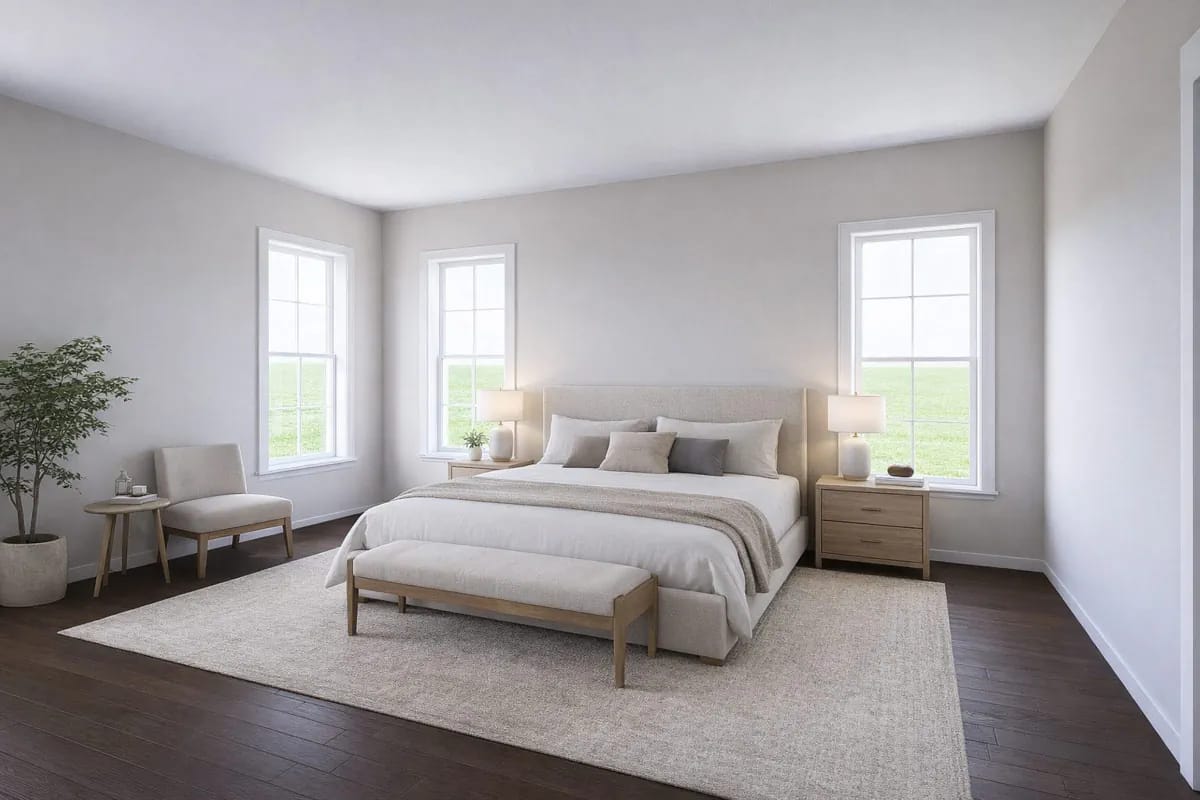5-Bedroom New American House Plan with a 3-Car Side-Entry Garage (4,125 Sq. Ft. Floor Plan) 8 the master bedroom at 16 by 17 feet, three tall windows, a bench at the foot 1