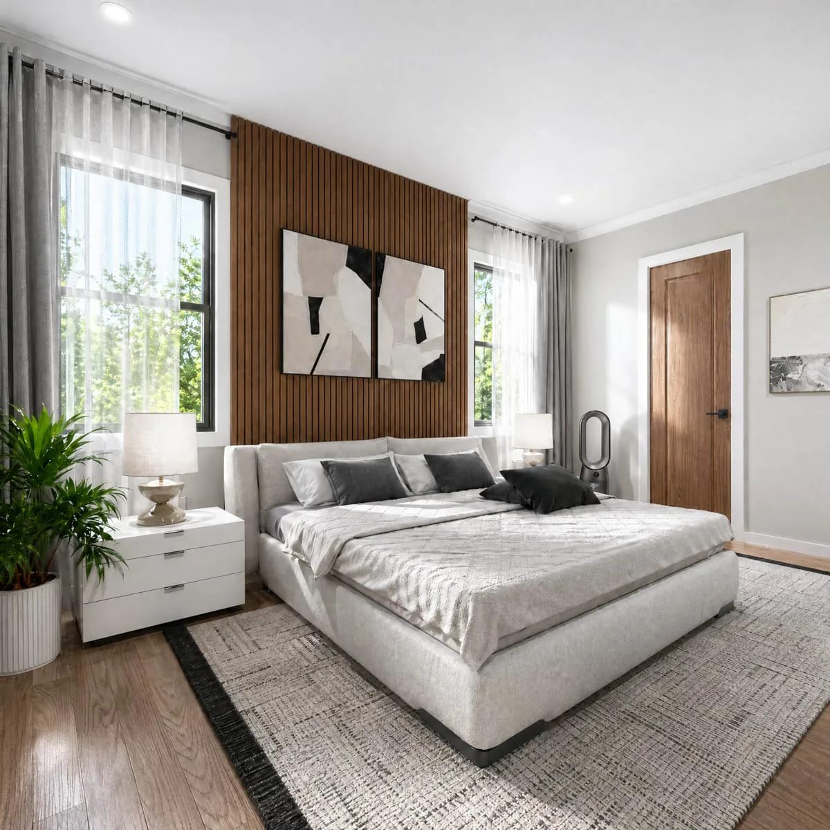 the one bedroom the gallery furnishes is built around a wood slat wall 1