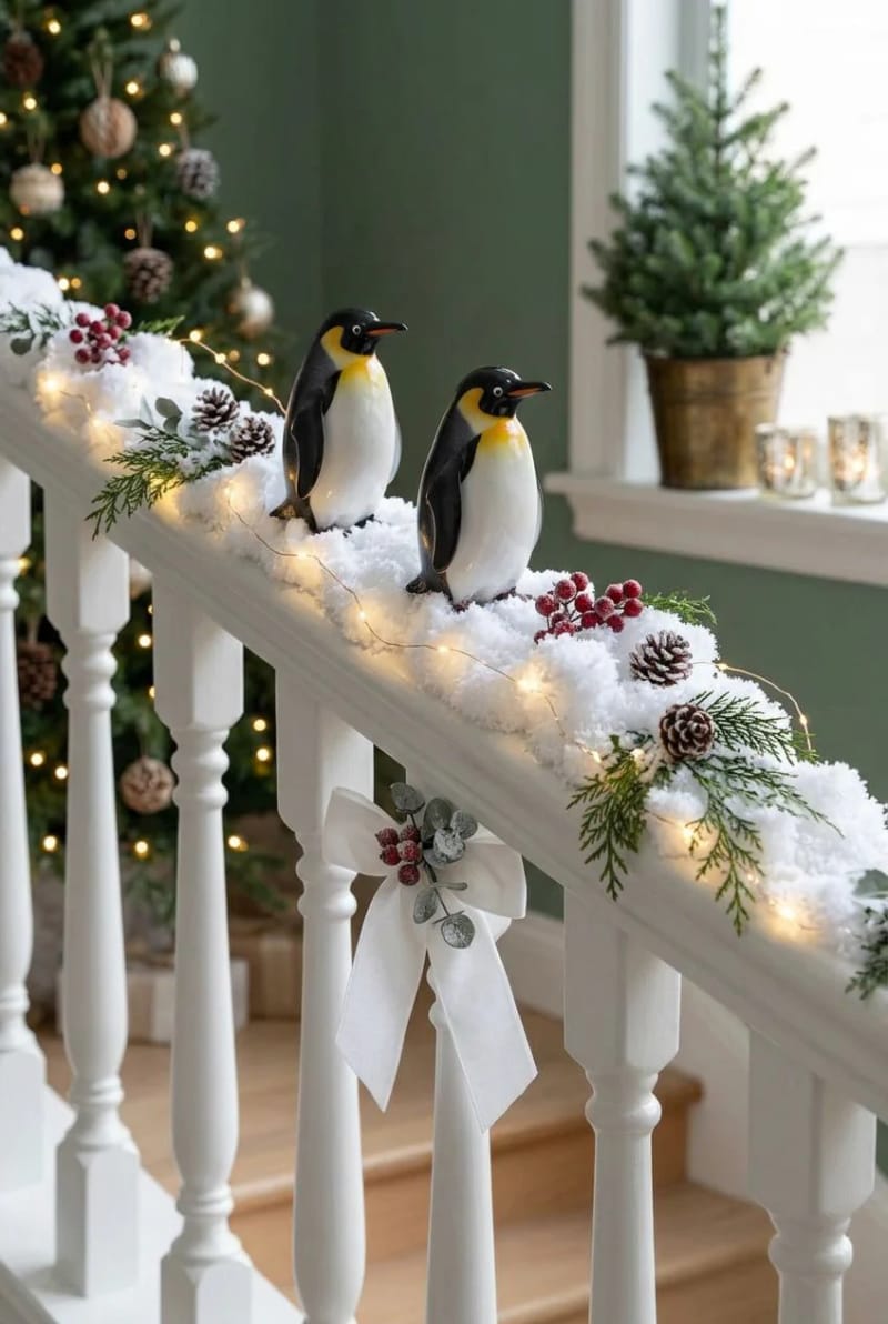 Sliding Penguins on the Banister: Christmas Staircase Ideas That Hold Up 3 the snow slope does the work, the penguins just ride it 1