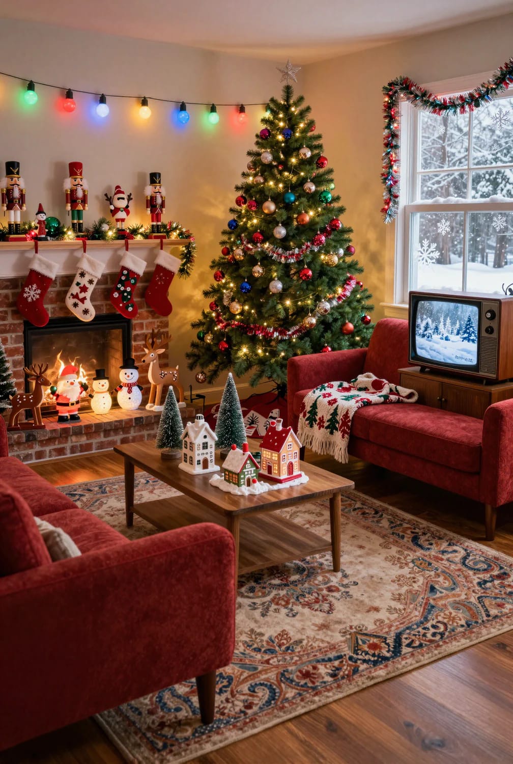 Whimsical Christmas Living Room Decor, Minus the Restraint 16 A living room decorated for Christmas with colorful lights, a Christmas tree adorned with ornaments and garlands, red couches, a festive fireplace mantel with stockings and nutcrackers, a coffee table featuring ceramic holiday village houses, and a vintage TV, illustrating whimsical Christmas living room decor.