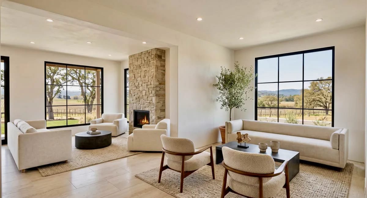 3-Bedroom Modern Farmhouse House Plan with Wrap-Around Porch and Outdoor Fireplace (1,801 Sq. Ft. Floor Plan) 4 the stone fireplace wall decides where the sofas go 1