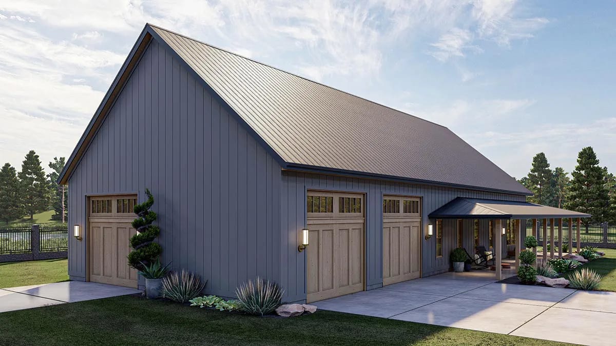 3-Bedroom Barndominium House Plan with Massive Wrap-Around Porch & Garage (2,113 Sq. Ft. Floor Plan) 9 the three-car garage is the second-largest structure on the plan 1