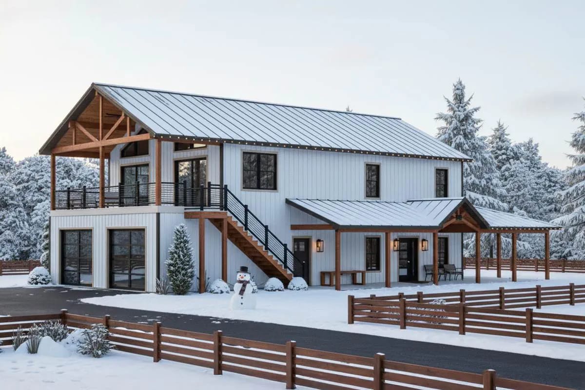 4-Bedroom Modern Barndominium House Plan with a Wraparound Porch and Upper Deck (1,895 Sq. Ft. Floor Plan) 7 the upper deck is the reason to take this plan seriously 1