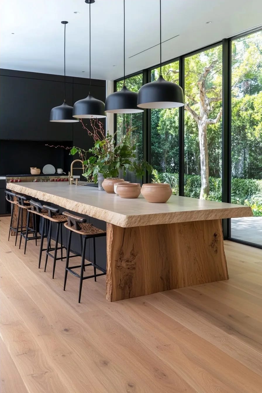 the warm-modern japanese kitchen: island, black steel, garden view 1