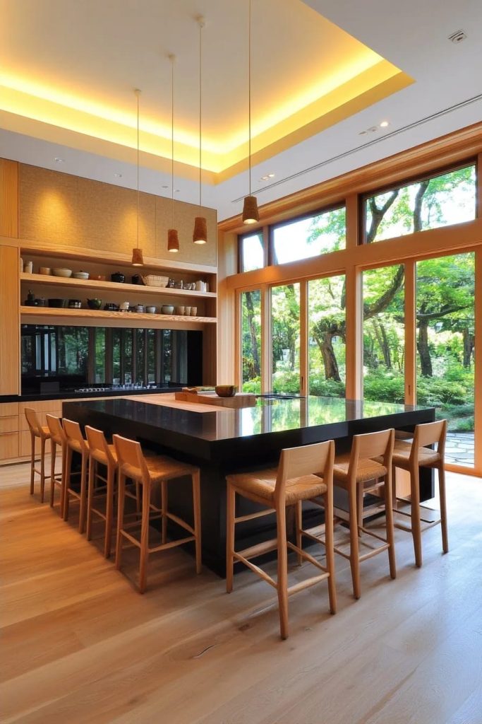 Spacious warm-modern Japanese kitchen featuring a large black island with wooden chairs, open shelving with ceramic dishes, wood accents, pendant lighting, and expansive windows offering a lush garden view.