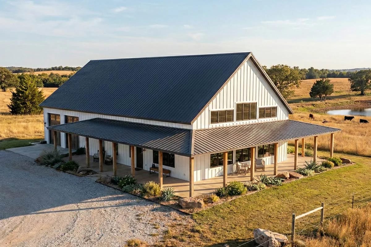3-Bedroom Barndominium House Plan with Massive Wrap-Around Porch & Garage (2,113 Sq. Ft. Floor Plan) 4 the wrap-around porch runs 10 feet deep on three sides 1