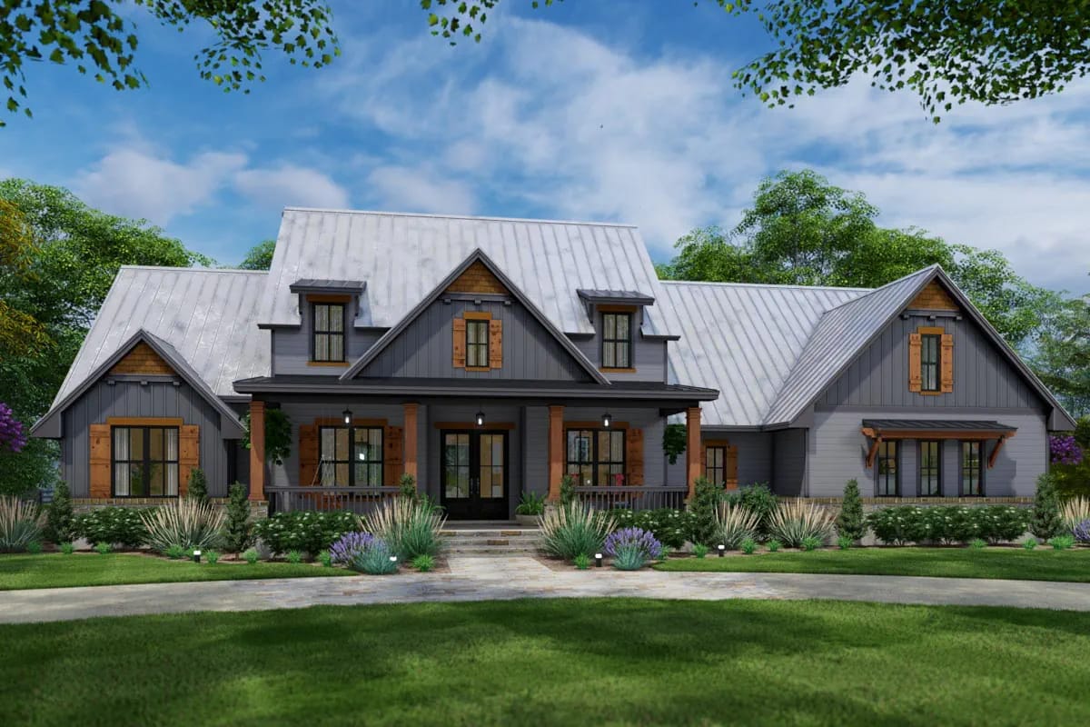 3-Bedroom Country Craftsman House Plan with a Loft Under a 12-in-12 Roof (2,510 Sq. Ft. Floor Plan) 6 three dormers, wood shutters, and eight feet of front porch 1