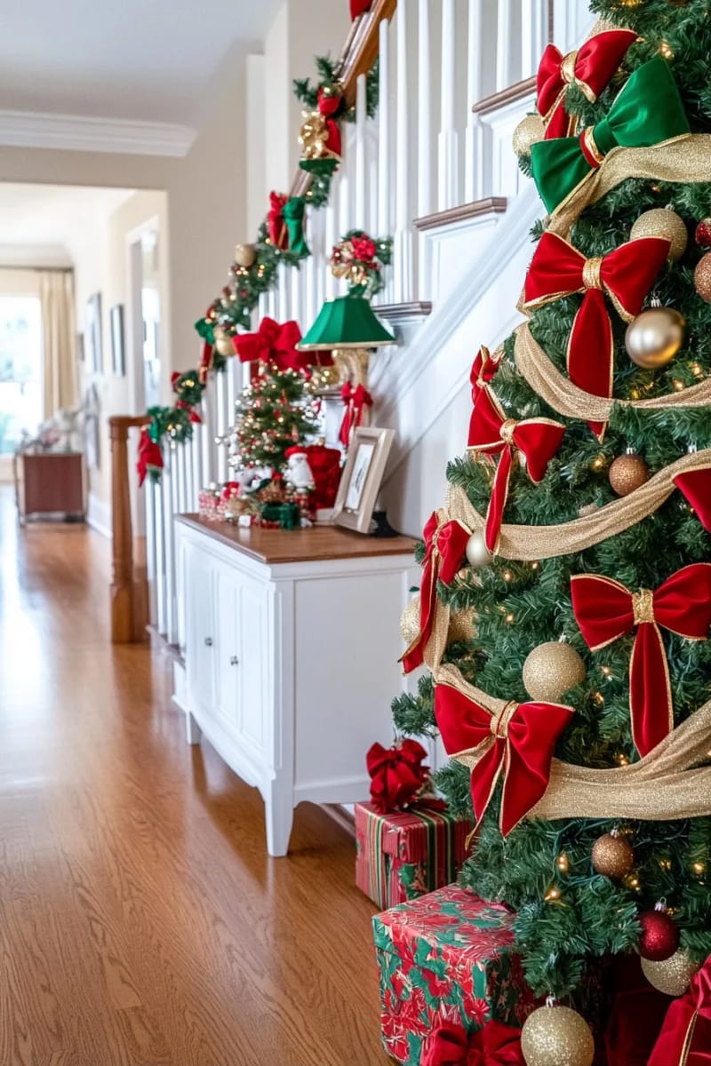 12 Whimsical Christmas Decor Ideas to Run Through the Whole House 20 tie bows on everything the ribbon will reach 19