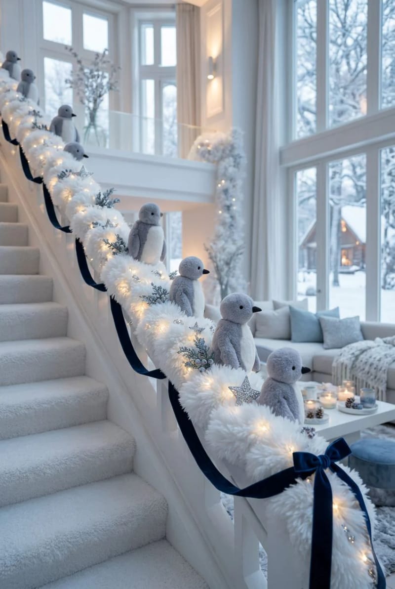 Sliding Penguins on the Banister: Christmas Staircase Ideas That Hold Up 21 trade the primary-color penguins for icy white and silver 1