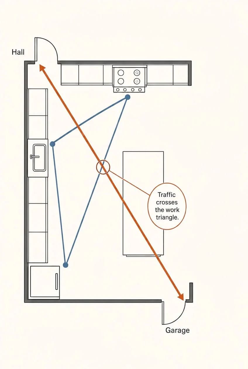 How to Spot Bad Circulation in a Floor Plan 3 traffic crosses the kitchen work triangle 1