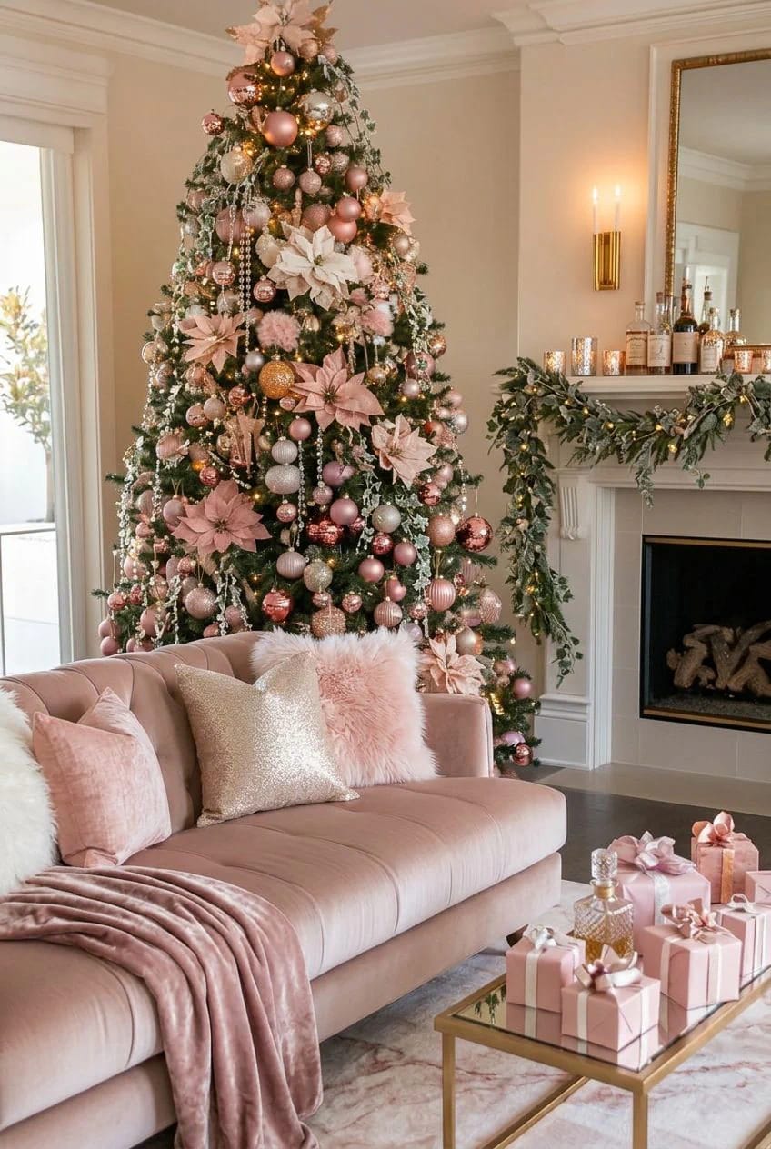 Pink Christmas Decor Ideas for a Glam Living Room 21 treat the gift pile as part of the palette 1