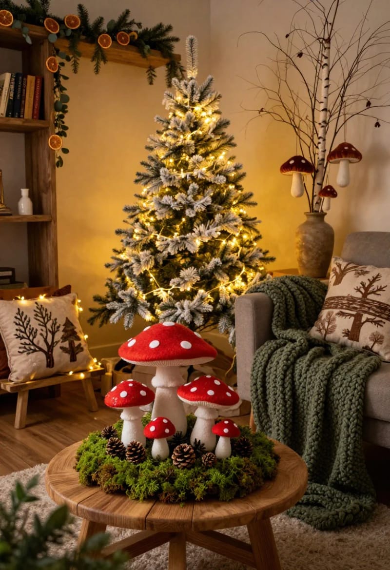 12 Whimsical Christmas Decor Ideas to Run Through the Whole House 19 tuck toadstools and moss into a woodland corner 1