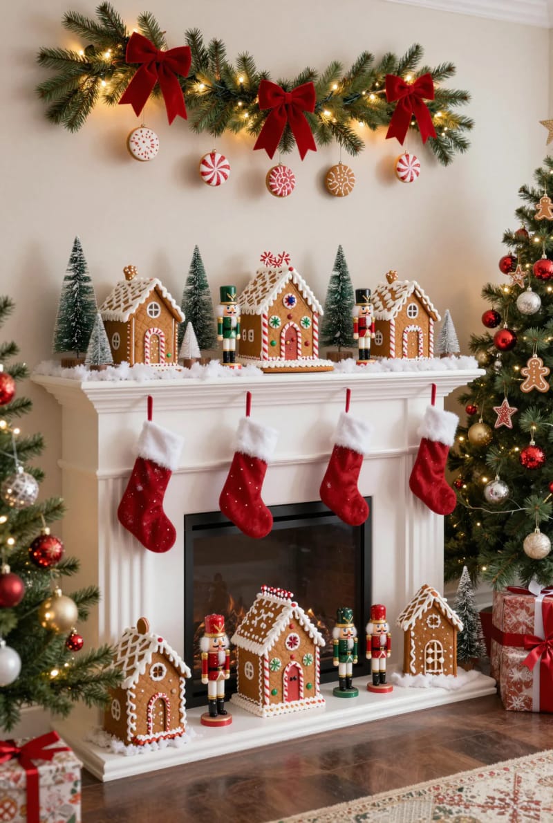 12 Whimsical Christmas Decor Ideas to Run Through the Whole House 23 turn the mantel into a gingerbread village or nutcracker parade 22