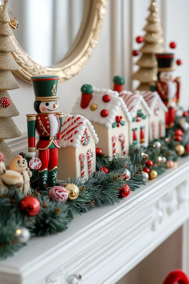12 Whimsical Christmas Decor Ideas to Run Through the Whole House 24 turn the mantel into a gingerbread village or nutcracker parade 23