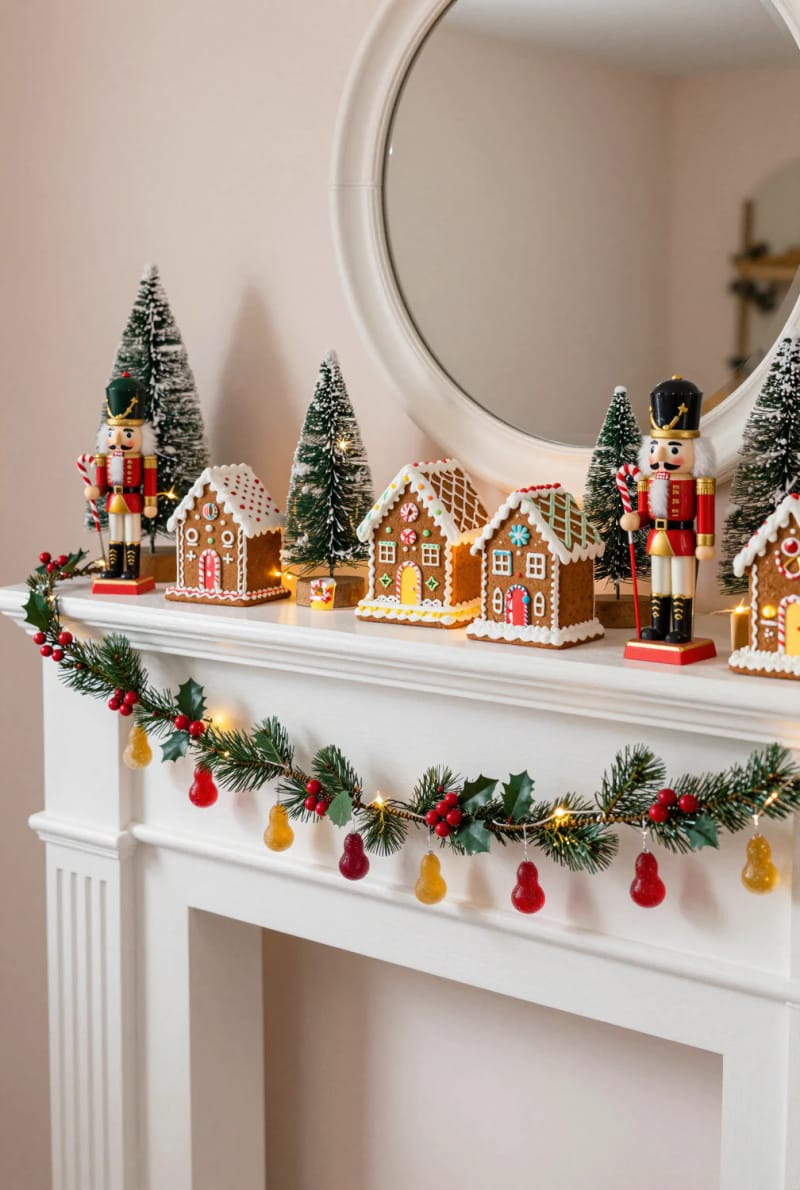 12 Whimsical Christmas Decor Ideas to Run Through the Whole House 25 turn the mantel into a gingerbread village or nutcracker parade 24