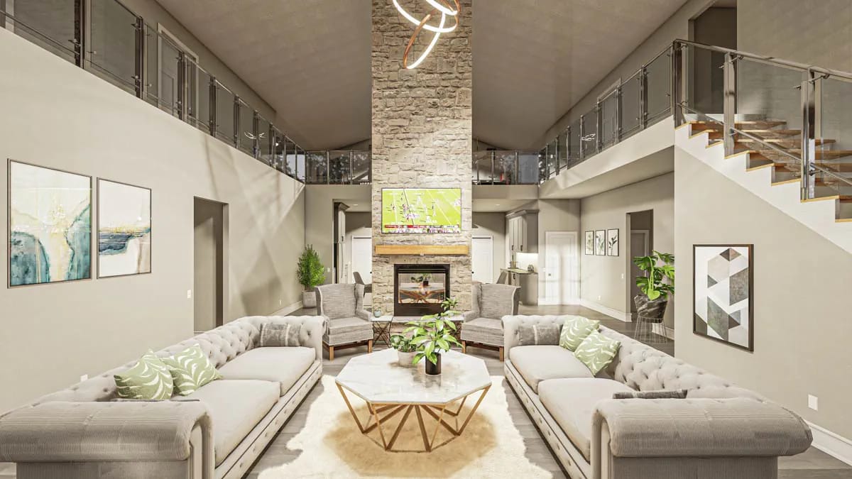two-story great room, stone chimney to the ridge 1