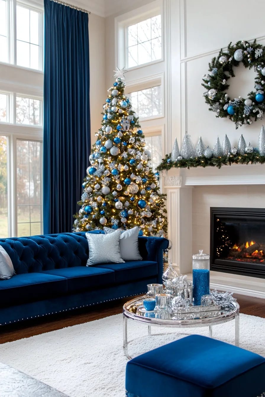 Blue and Silver Christmas Decor Ideas for the Living Room That Don't Read as Cold 5 use warm white lights, even though the palette is cold 1