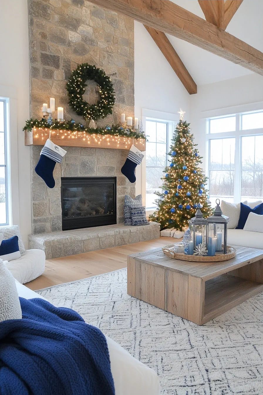 Blue and Silver Christmas Decor Ideas for the Living Room That Don't Read as Cold 6 use warm white lights, even though the palette is cold 1