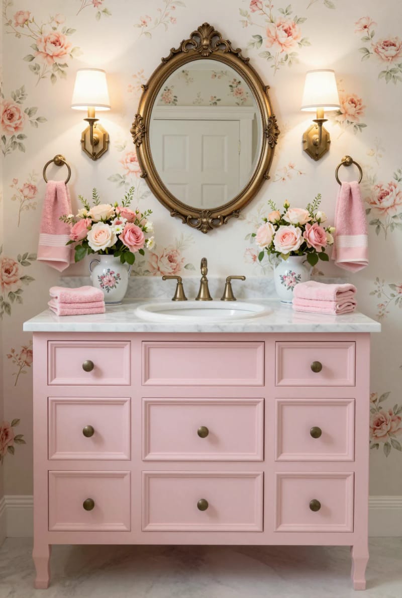 20 Pink Coastal Bathroom Ideas With a Breezy Finish 20 vintage pink vanity, floral wallpaper, and bronze antique mirror. 1
