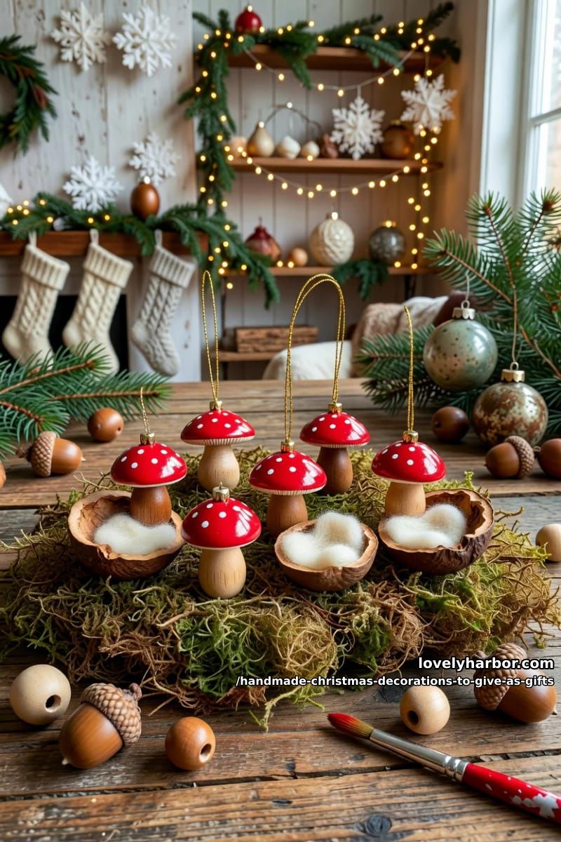 walnut-shell and acorn-cap mini mushroom ornaments 1