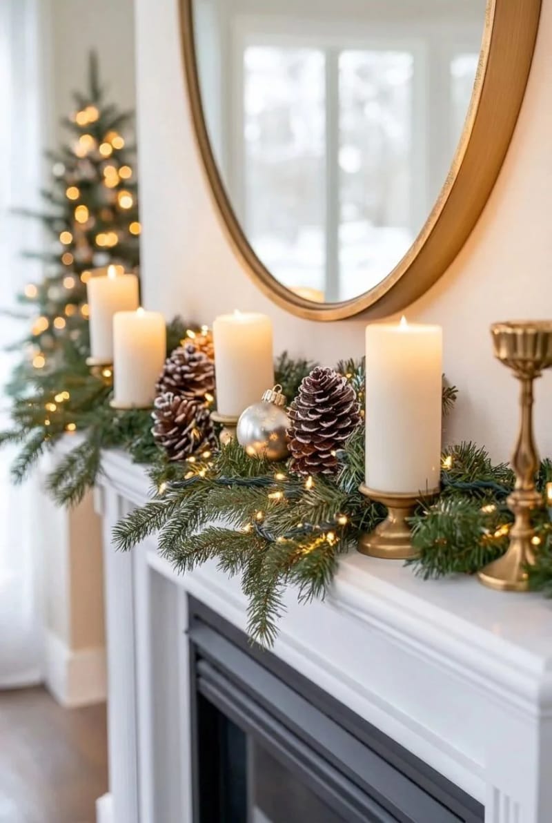 Christmas Mantel Decor Ideas With Garland That Look Designer, Not Draped-On 10 warm the mantel with brass candlelight and a soft pine garland 9