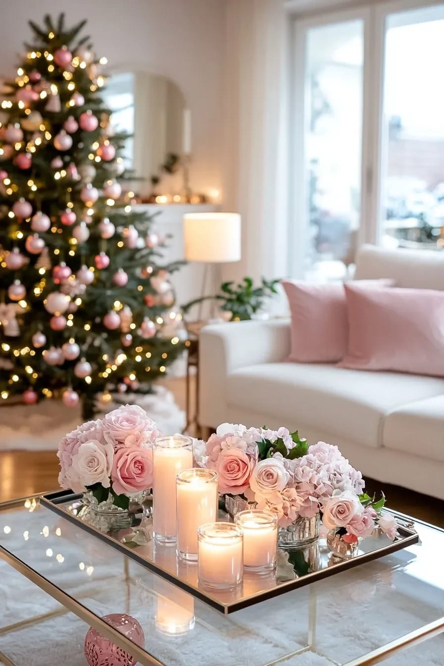 Pink Christmas Decor Ideas for a Glam Living Room 14 warm-white lights only, and turn the big light off 1