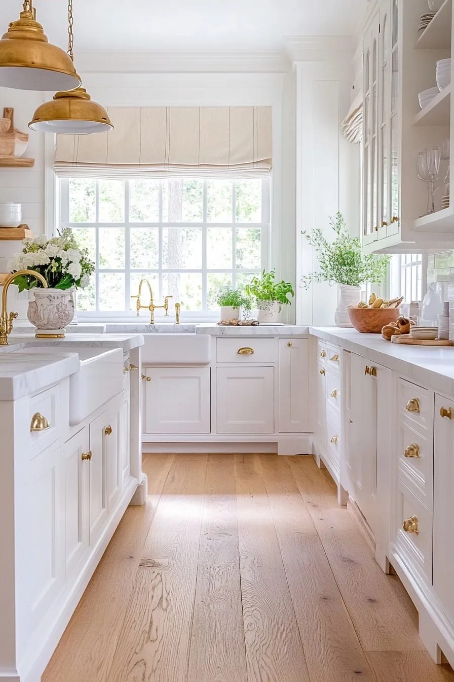Timeless Kitchen Ideas That Still Look Right in a Decade 22 Bright kitchen featuring warm wood plank floors, white cabinetry with gold hardware, farmhouse sinks, large window, and fresh greenery, illustrating timeless kitchen ideas