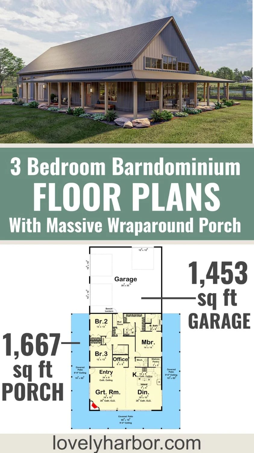 3-Bedroom Barndominium House Plan with Massive Wrap-Around Porch & Garage (2,113 Sq. Ft. Floor Plan) 3 Exterior view of a 3-bedroom barndominium with a large wrap-around porch and garage, plus a detailed floor plan layout showing bedrooms, office, great room, kitchen, and garage, illustrating the use of a 60-by-100 envelope for this 2,113 sq. ft. home design.