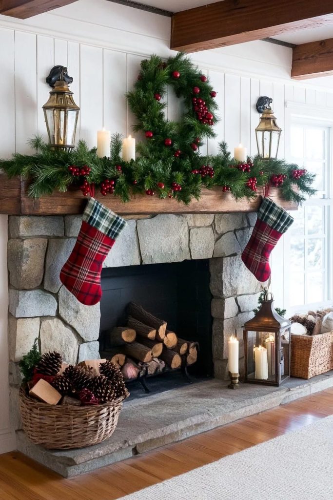 A stone fireplace decorated with a rustic Christmas mantel garland featuring pine branches, red rosehips, and candles, with plaid stockings hanging beneath, a pine wreath above, and baskets filled with pinecones, illustrating collected garland ideas.