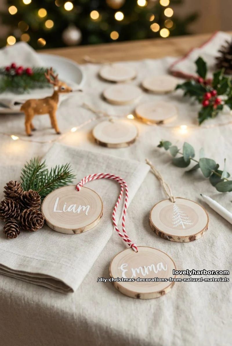 wood slice ornaments that double as place cards 1