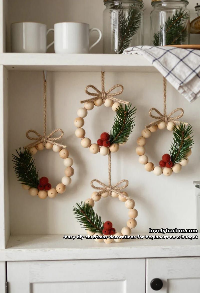 12 Easy DIY Christmas Decorations for Beginners on a Budget 14 wooden bead mini wreaths on a chenille stem 1