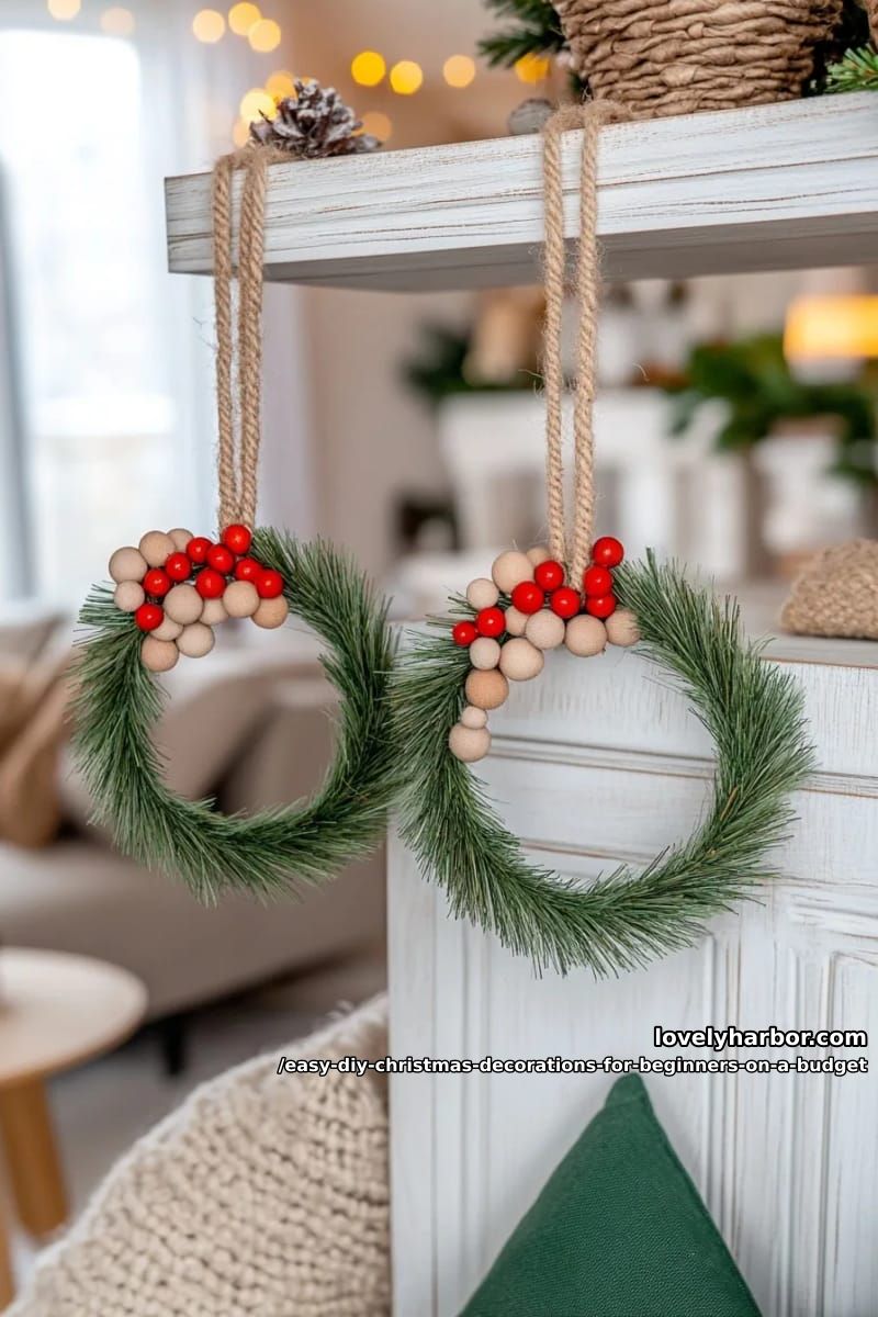 12 Easy DIY Christmas Decorations for Beginners on a Budget 15 wooden bead mini wreaths on a chenille stem 1